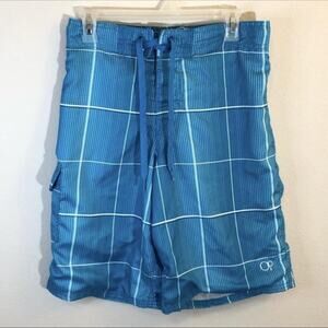 OP Swim Trunks Shorts Size Small 28-30 Polyester Light Blue White Plaid Stripes